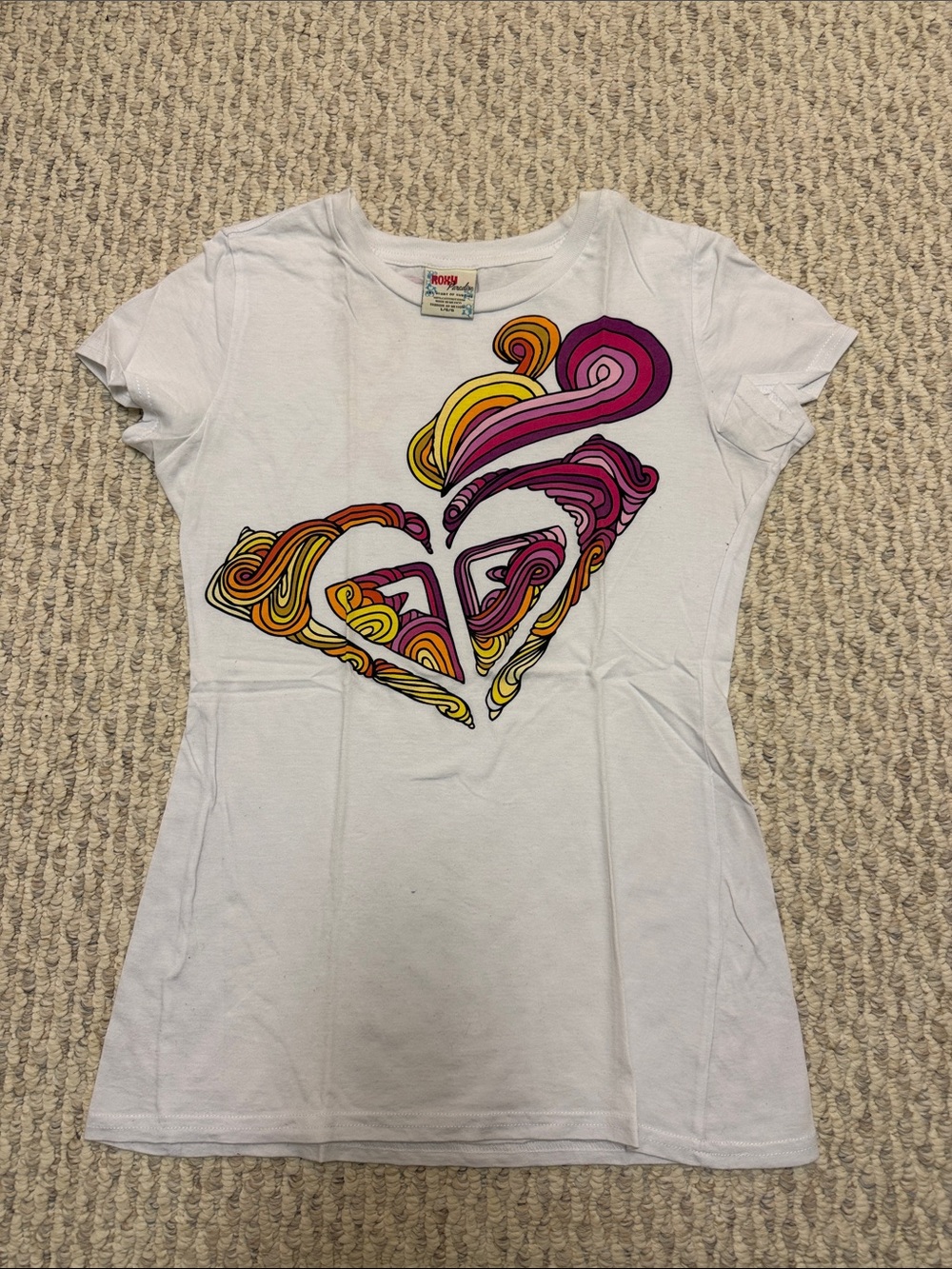 Roxy White Short Sleeve Tee with Pink, Yellow & Orange Heart Graphic